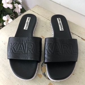 EUC Karl Lagerfeld slide sandal, black leather
